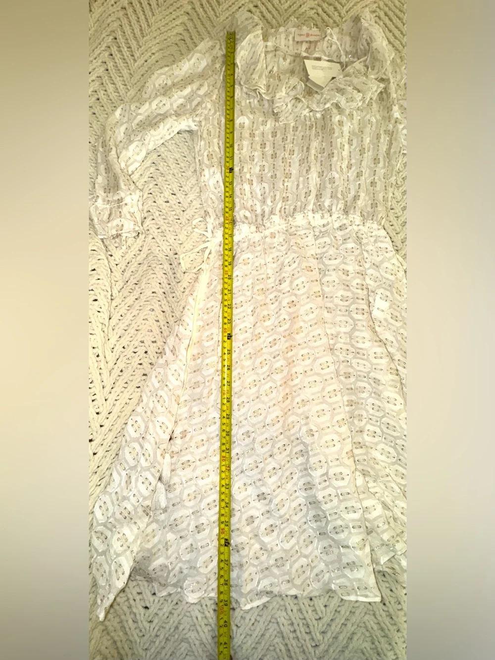 Tory Burch Jasmine Dress Ivory Gold Metallic Ruffle Silk Blend Sz 4 No slip NWT